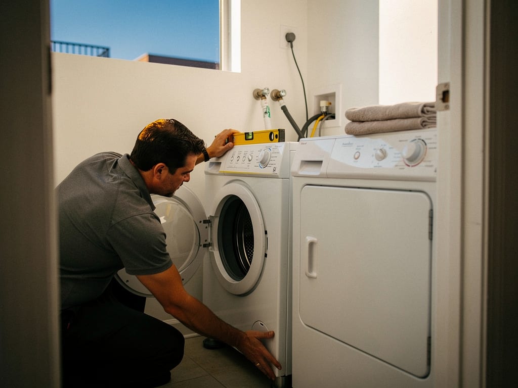 A technician checks a newly installed washing machine with a spirit level in a small laundry nook