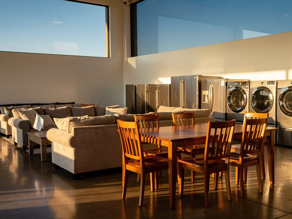 Inside the Spring Valley showroom, sofas, dining sets and appliances are arranged in warm afternoon light