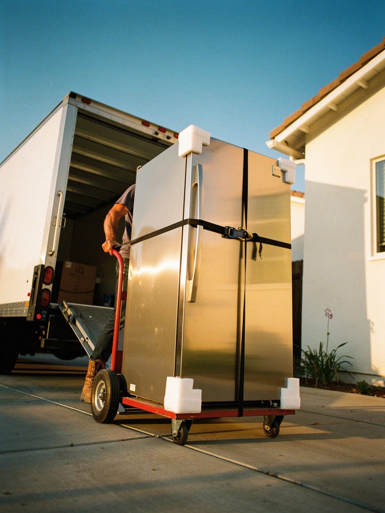 A new refrigerator is lowered on a hand truck from a delivery truck's liftgate