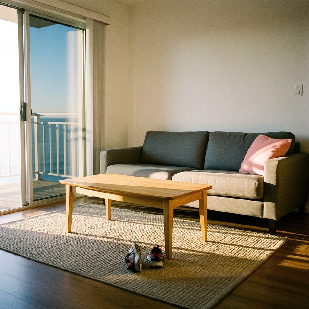 A freshly set-up living room with a new sofa, a pink throw pillow and a child's sneakers on the rug